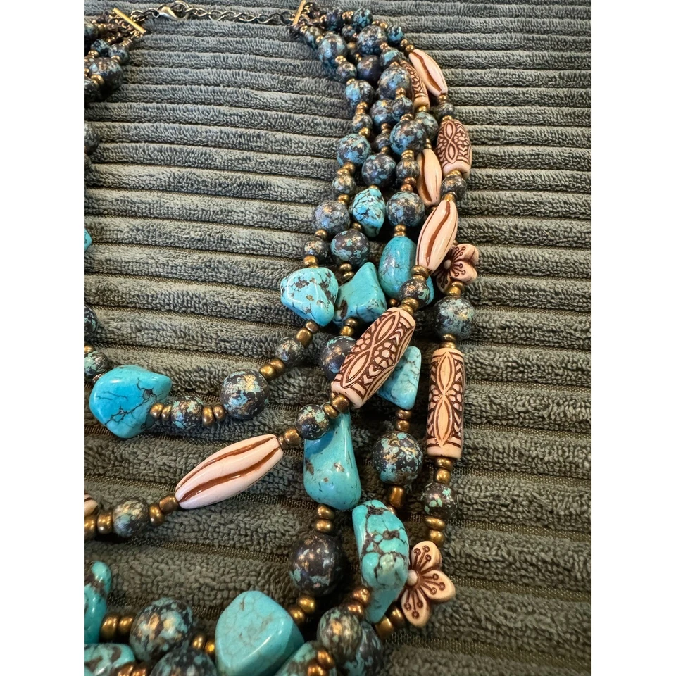 Boho Multi Strand Turquoise Stone Beaded Necklace Statement Choker - Image 3 of 4