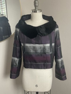 Rinascimento Cropped Jacket Fur Trim Collar Purple Satin - Small Made In Italy