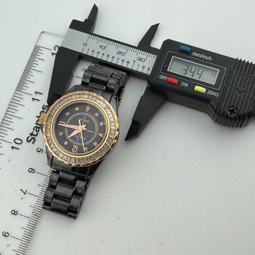 Royal Crown Jewelry Quartz Watch Women Black Ceramic Rhinestone New Batter 5.25" - Picture 6 of 6