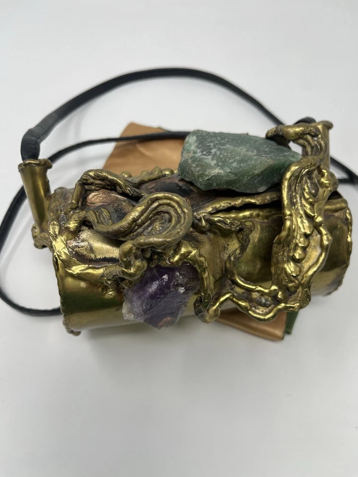 Signed Rare Brutalist Carvalhus Rio Copa Brass Artisan Purse Huge Natural Stones - Image 4 of 4