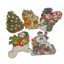 5 Vtg 60s Christmas Paper Cutouts Double Sided Snowman Reindeer Tree USA READ