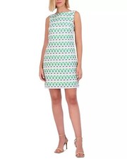 Vince Camuto Green White Geo Printed Sleeveless Preppy Shift Mini Dress NWT