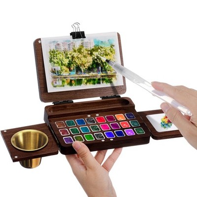 11-Piece Portable Watercolor Palette Set   Foldable Walnut Box with 24 Grids,...