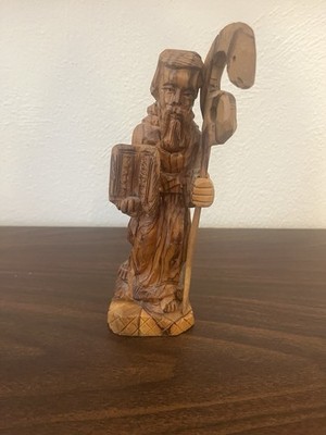 Vintage Hand Carved Olive Wood Moses Statue Ten Commandments 7.5  Holy Land Art