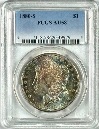 1880-S $1 MORGAN SILVER DOLLAR PCGS AU58–BEAUTIFUL TONING!