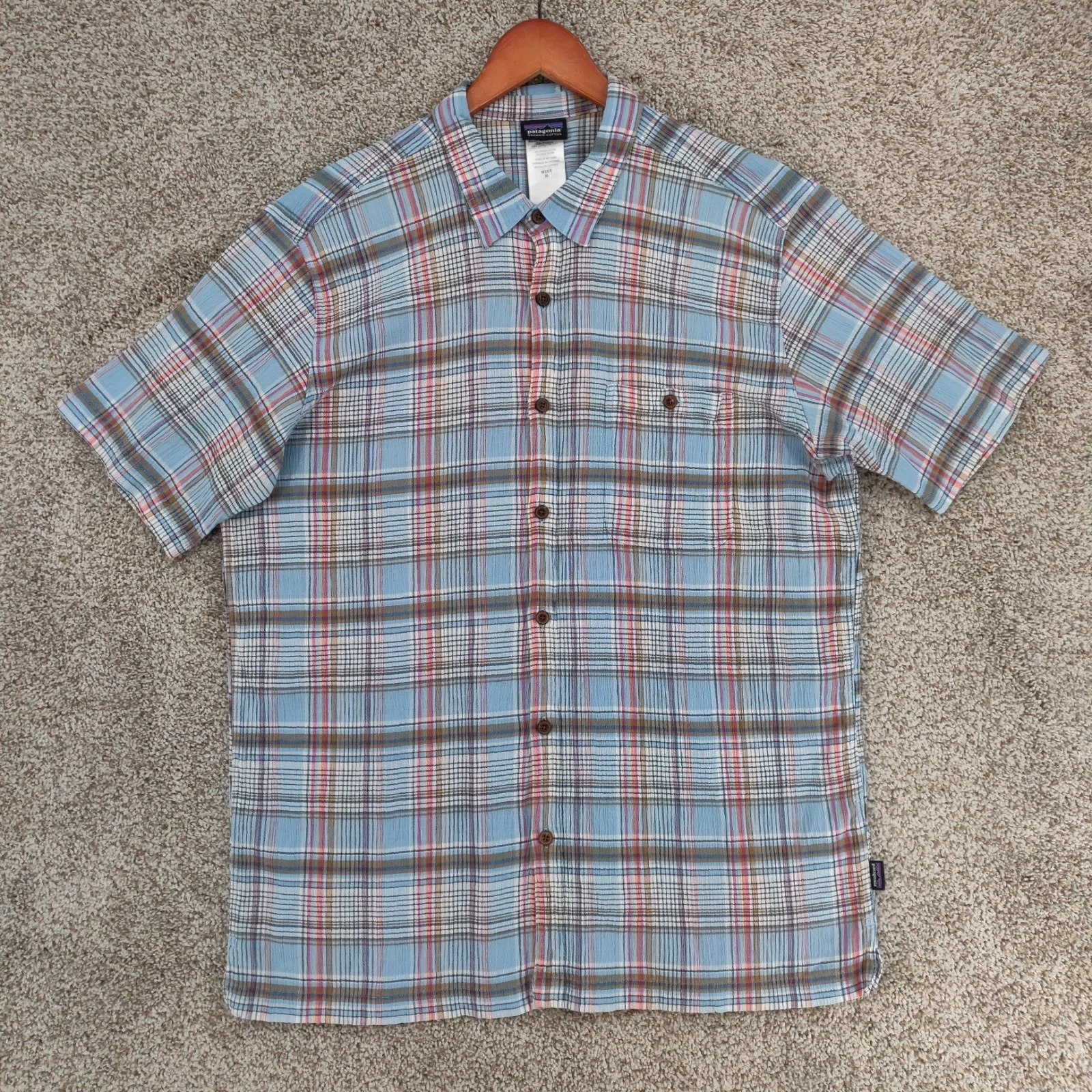 Patagonia Shirt Mens XL Plaid AC Textured Cotton Short Sleeve Button Hiking