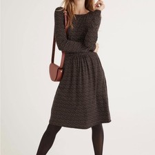 Boden Size 16 Abigail Midi Dress Long Sleeve Jersey Knit Black Neutral Polka Dot