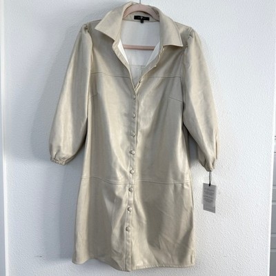 7 For All Mankind Faux Leather Shirt Dress Beige Button Front Vegan Size S