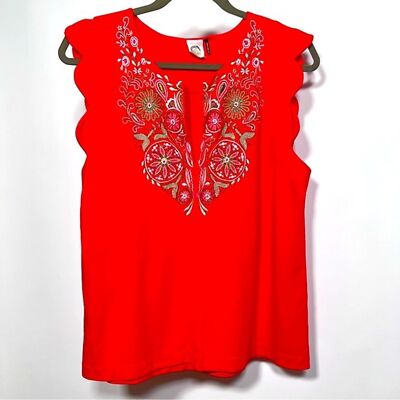 Akemi + Kin Anthropologie Binah Embroidered Beaded Floral Scallop Sleeve Top