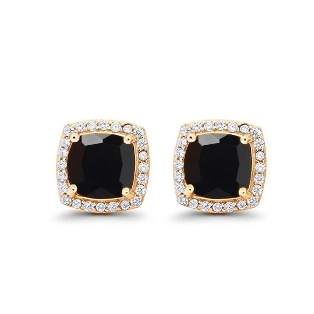 24k Yellow Gold 2Ct Created Halo Princess Cut Black CZ Stud