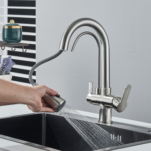 Kitchen Sink Faucet Pull Down Sprayer 2 Handle 3 in 1 Water Filter Purifier Taps - Picture 7 of 11