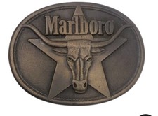 Marlboro Solid Brass 1987 Belt Buckle Philip Morris Inc. Long Horn Bull Logo Vtg