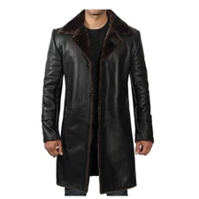 Mens Long Shearling Coat Genuine Leather Fur Long Black Trench Coat