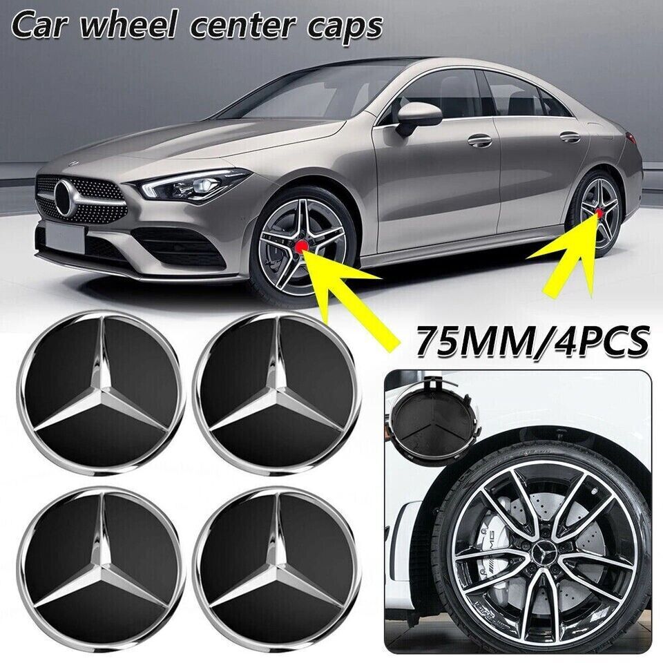 4x 75mm  DARK Black Mercedes Benz Alloy Wheel Centre Caps 75mm Badges Hub Emblem