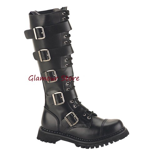 STIVALI UOMO PELLE tacco 3 dal 36 al 46 Anfibi Combat NERO Unisex Moto goth  punk | eBay