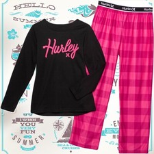 Hurley Girls Surf Apparel Hot Pink Black Plaid Pajama Sleepwear Set