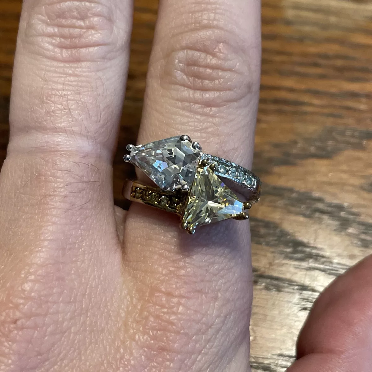 Nolan Miller Champagne Clear Crystal Silver Gold Tone Ring S 6.5