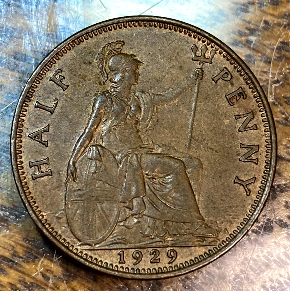 1929 Great Britain Half Penny Nice Original Brown Unc. KM-837 CHRC - Image 2 of 2