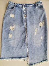 Women's Distressed Rip Tassel Raw Hem Back Elastic Asymmetric Slit Midi Skirt