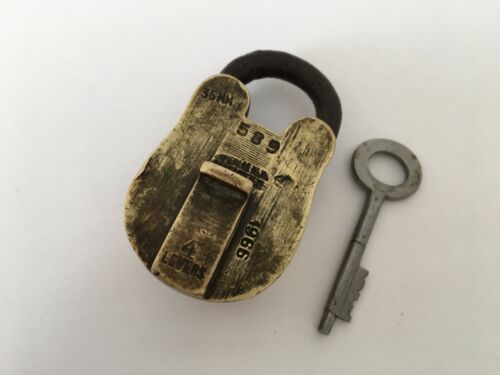Schloss Alt Vintage Messing Vorhängeschloss Mit Schlüssel Rich Patina 4 Hebel - Bild 1 von 10