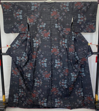 Japanese Vintage Kimono Silk Black Oshima Traditional Authentic Length 65 in