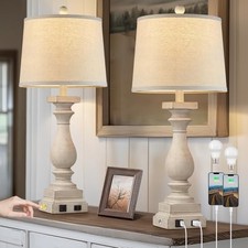 28" Tall Farmhouse Table Lamps Set of 2 with USB C A Ports and AC Beige-2 Pack