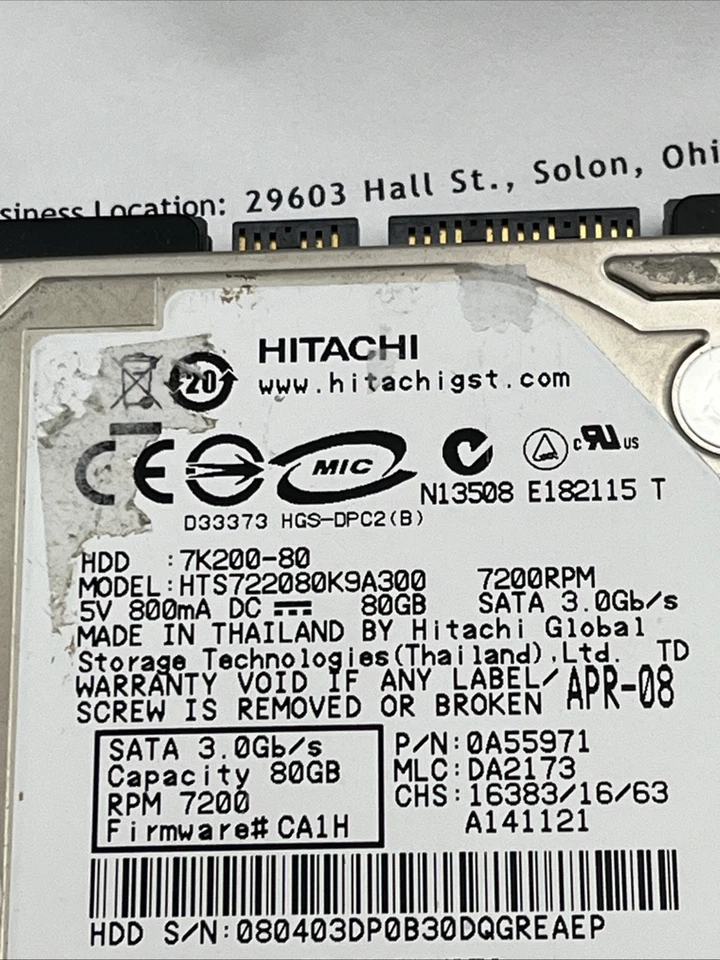 Hitachi HTS722080K9A300 80GB 2.5" SATA 7200 16MB Cache HDD Hard Disk Drive - Image 3 of 4