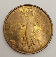 Vintage Guardian Angel Pocket Coin Token Gold Tone Religious 1" Double-sided.