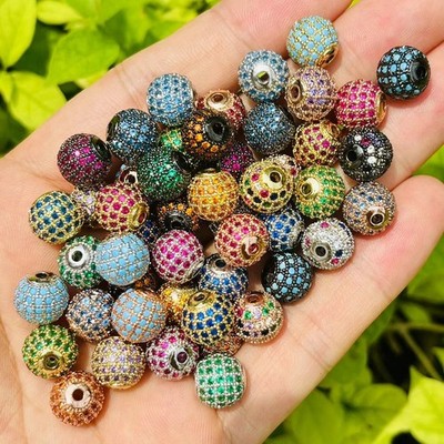 10Pcs/Lot Colorful 10mm Pave Balls Cubic Zirconia Gold Silver Black Spacers DIY