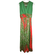 Vintage Mod Boho Babydoll Maxi Dress Sz 10 Red Green Holiday Paisley Party 60s