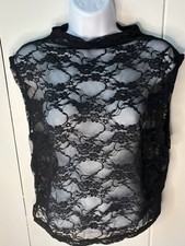 Womens L Top Black Sheer Y2K Lace Floral Goth Fairy Grunge Whimsigoth Sleeveless