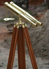 18" Brass Finish Binocular With Floor Standing Wooden Tripod Nautical Telescope