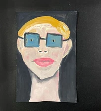Portrait Painting Naive Primitive Outsider 4x6 Gouache Nerdy Wall Art Miz Katie