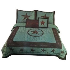 5 Pc Western Texas Cross Lodge Barbed Wire Quilt Queen Turquoise Texas Star