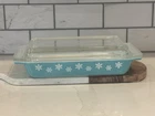 Vtg Pyrex Turquoise Snowflake 1-1/4 Qt Rectangular Casserole Dish w/Lid 548-B