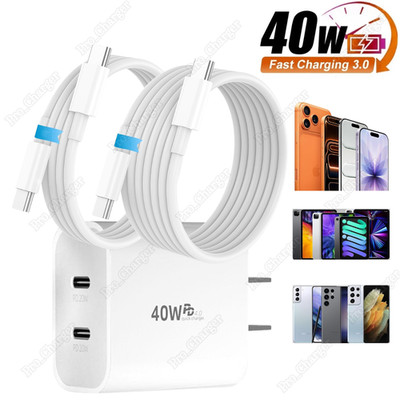 Fast Charger Type-C Cable PD 40W Dual USB-C Adapter For iPhone 15 16 17 Samsung