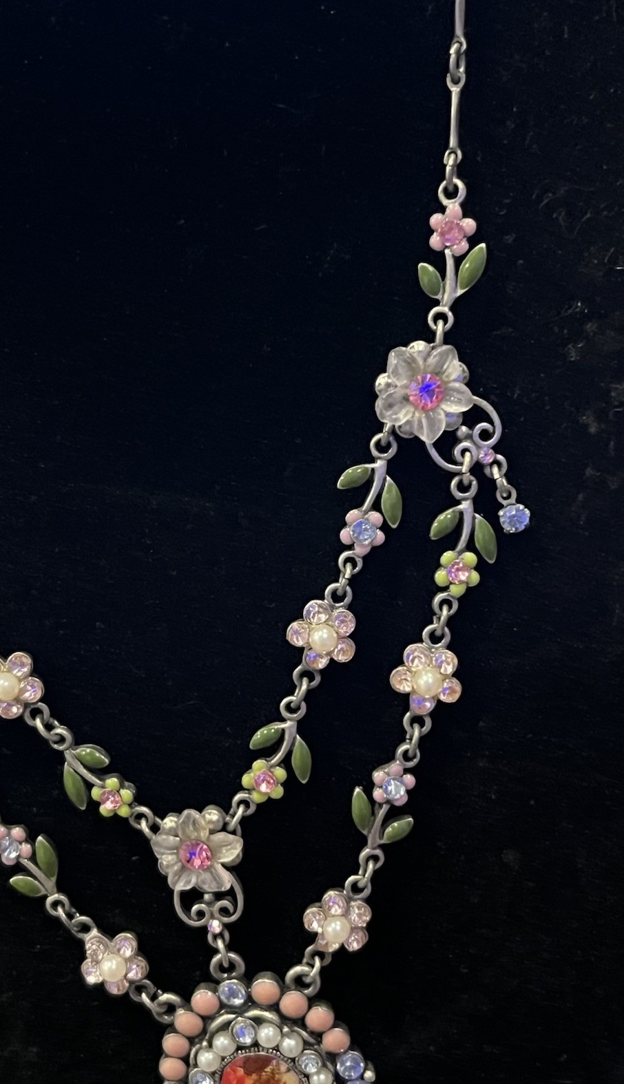 Vintage Avon Nina Ricci Floral Drop Necklace Enamel Flowers Rhinestones