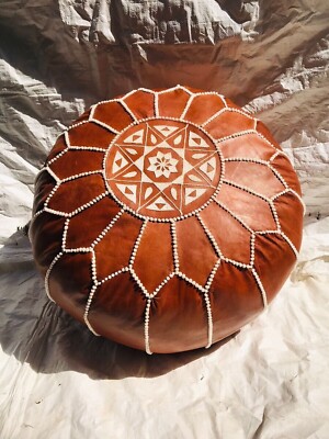 Moroccan Ottoman Leather Unstuffed Round Brown Genuine Pouffe Handmade