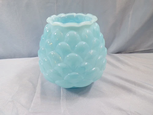 Fenton Powder Blue Overlay Cased Glass Jacqueline Pattern Vase 4 3/4" Tall