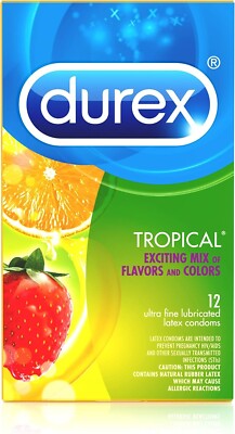 Durex TROPICAL Flavors & Colors 12 lubricated LATEX Condoms ultra fine 06/2025