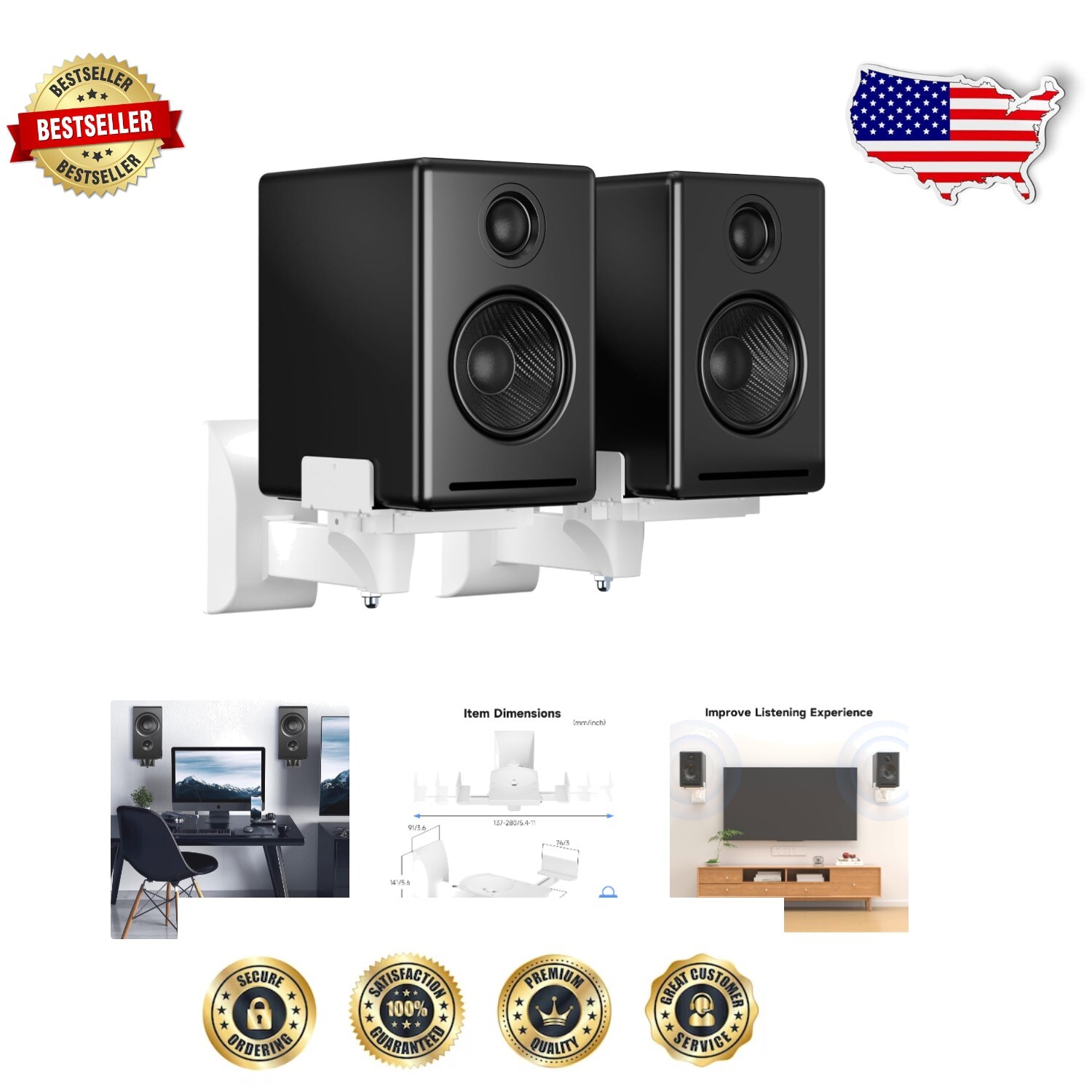 Premium Dual Clamping Speaker Wall Mount for Optimal Placement - 55 lbs Capacity