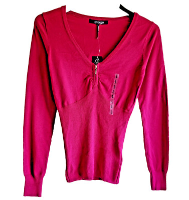 Juniors size L energie Pullover Sweater Raspberry Color Zippered Neckline