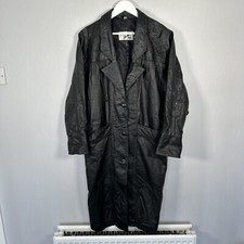 John Weitz Vtg Black Leather Long Trench Full Length Coat Womens Petite *read*