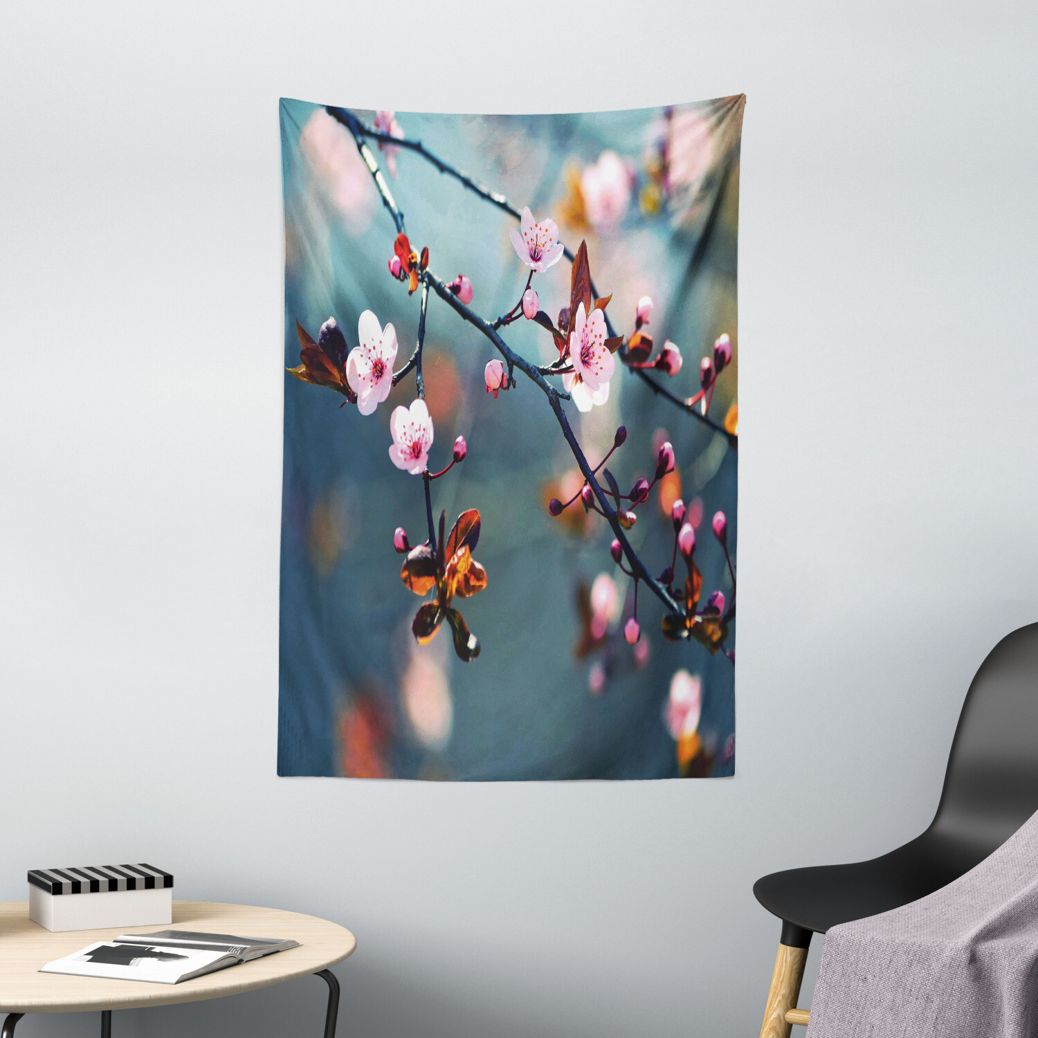 Nature Tapestry Blooming Sakura Flowers Print Wall Hanging Decor