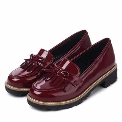 Women Preppy Bowknot Tassel Patent Leather Loafers Slip On Shoes Flats Plus  Size UK