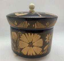 Trinket Box Hand Carved Wood Vintage Black Brown Small With Lid NOS b 