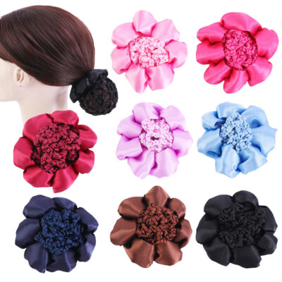 Womens Flower Satin Fabric Bun Cover Hair Ballet Dance Skating