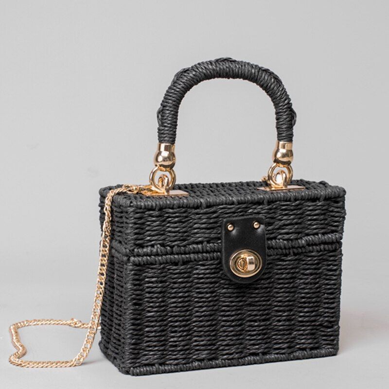 Black Straw Shoulder Bag Handwoven 19*14*7CM Bag Beach Square Box