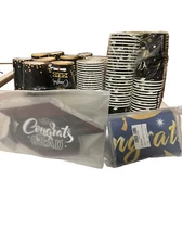 Ultimate Graduation Party Supply Kit includes cups, table clots, grad hat cutout