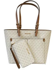 MICHAEL KORS JET SET M DOUBLE POCKET TOTE SHOULDER BAG + WALLET MK VANILLA/BROWN